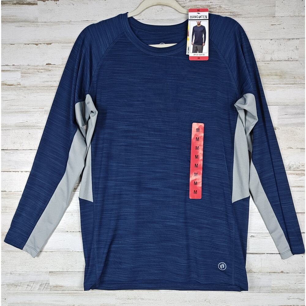 MEN'S HANG TEN SUN TEE T SHIRT NWT UPF 50+ LONG SLEEVE SZ MED BLUE GRAY POCKET
